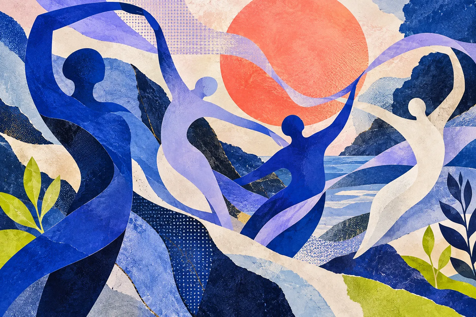 Original painted-paper artwork of flowing ribbons connecting figures in motion