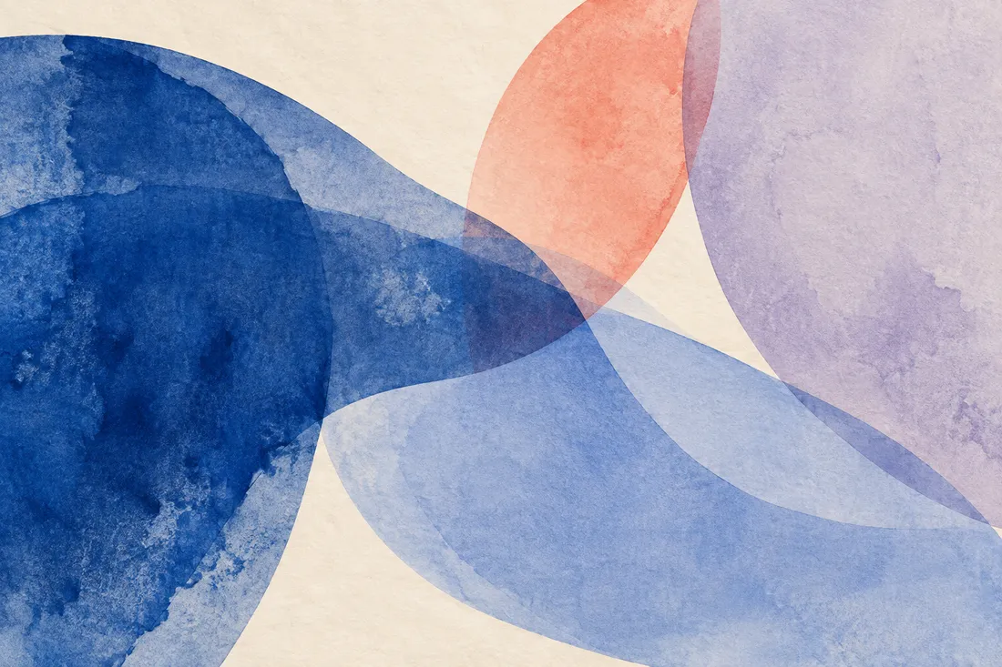 Textured fields of blue, lilac and coral pigment