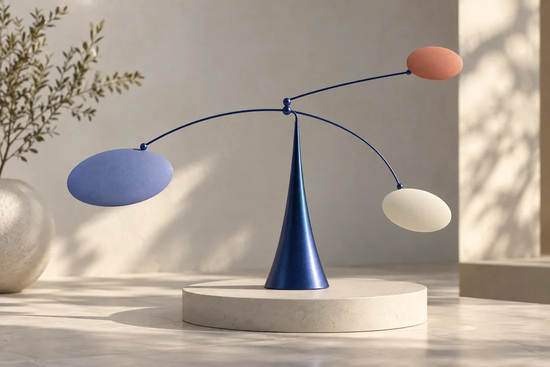 A balanced kinetic sculpture in blue and warm light