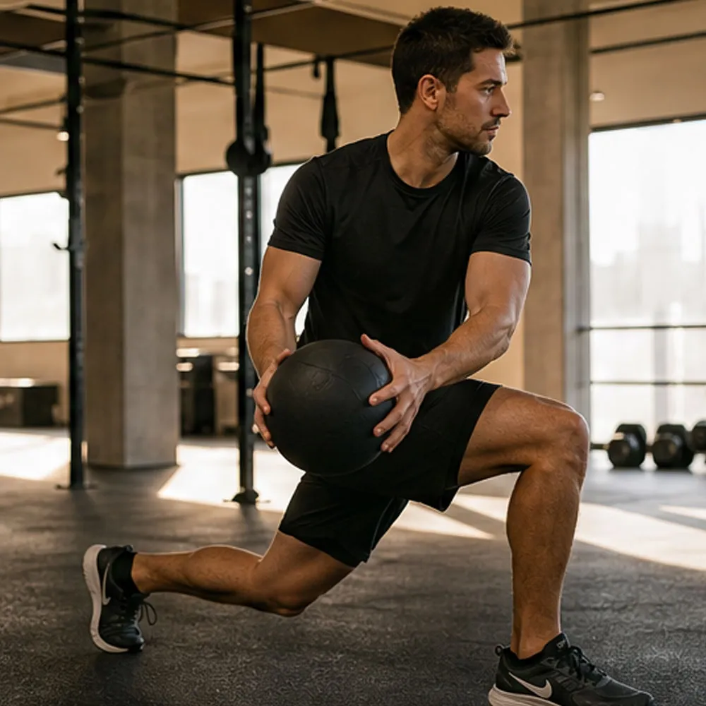 A man stretching in a sunlit fitness space